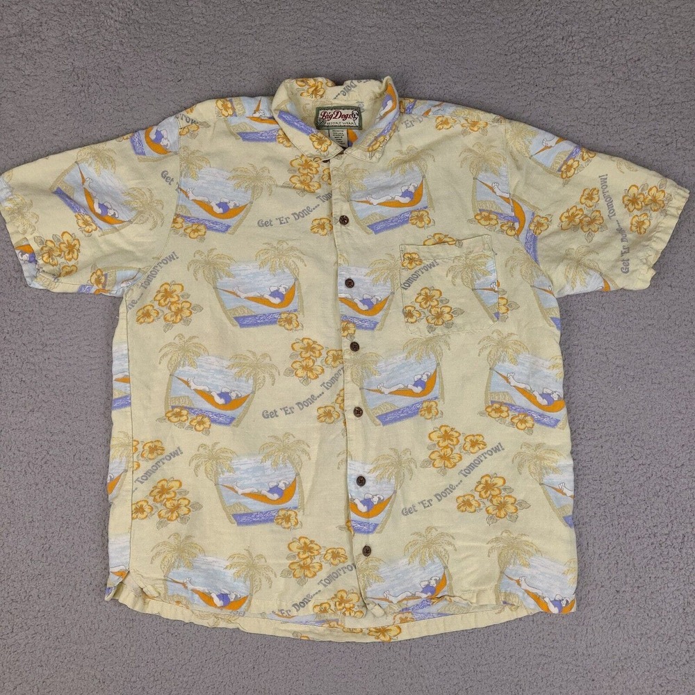 Big Dogs Hawaiian Shirt Men's Medium Yellow Linen Blend Button Down Get Er‎ Done
